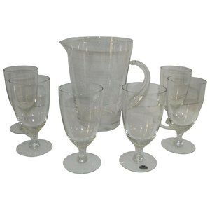 Vintage Lotus Quality Clear Glass 32-ounce Pitcher& Six 2-ounce Goblets barware